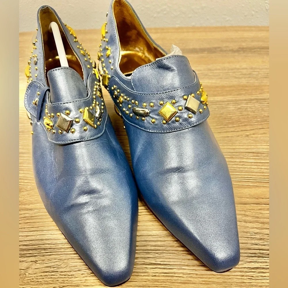 Fantasy Vintage 1980s Blue Leather Pumps - Size 7.5 Sculptural Jewel-Like Studs